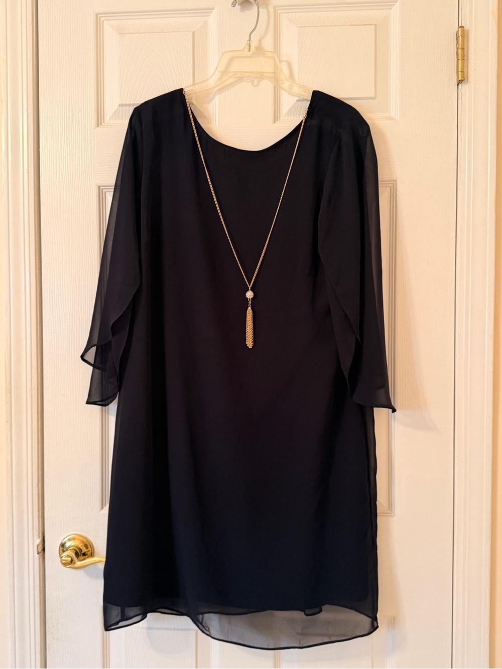 MSK Dark Navy Midi Dress with Sheer Chiffon Sleeves w/attached necklace